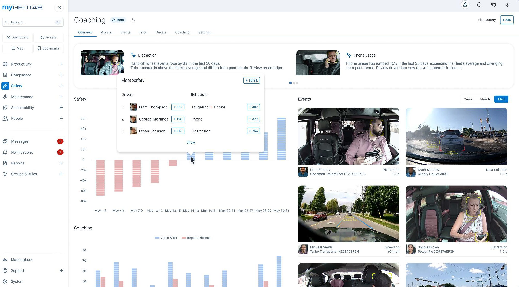 MyGeotab safety coaching dashboard